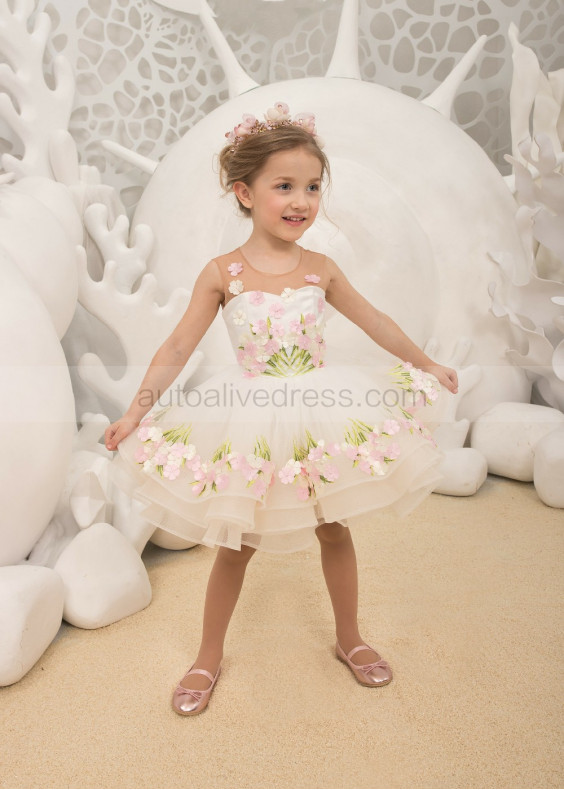 Floral Tulle Knee Length Sheer Buttons Back Flower Girl Dress